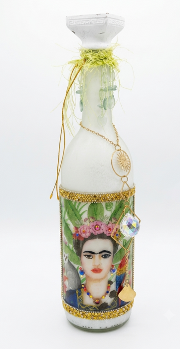 Frida Kahlo Inspired Upcycled Light-Up Glass Bottle