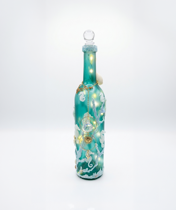 Seahorse Upcycled Lighted Bottle Handcrafted Coastal Decor